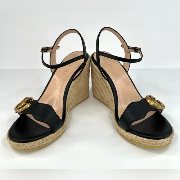 Gucci Galassia Aitana Lifford Black Leather Wedge Double G Logo Sandals EU 35 - Picture 13 of 14